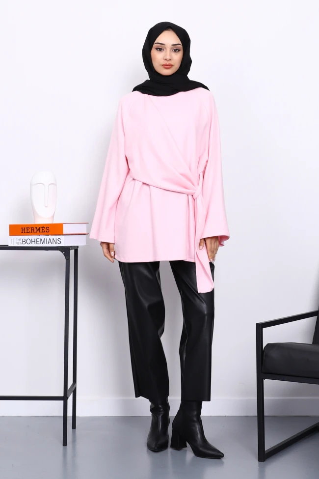 Pembe Yandan Şallı Fitilli Tunik