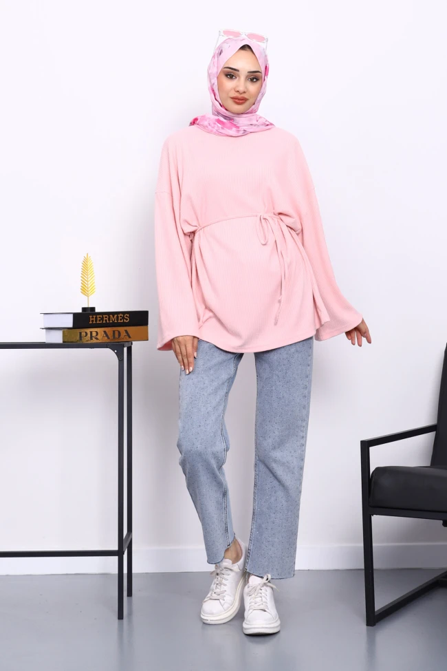Pudra Bisiklet Yaka Bel Kuşaklı Tunik
