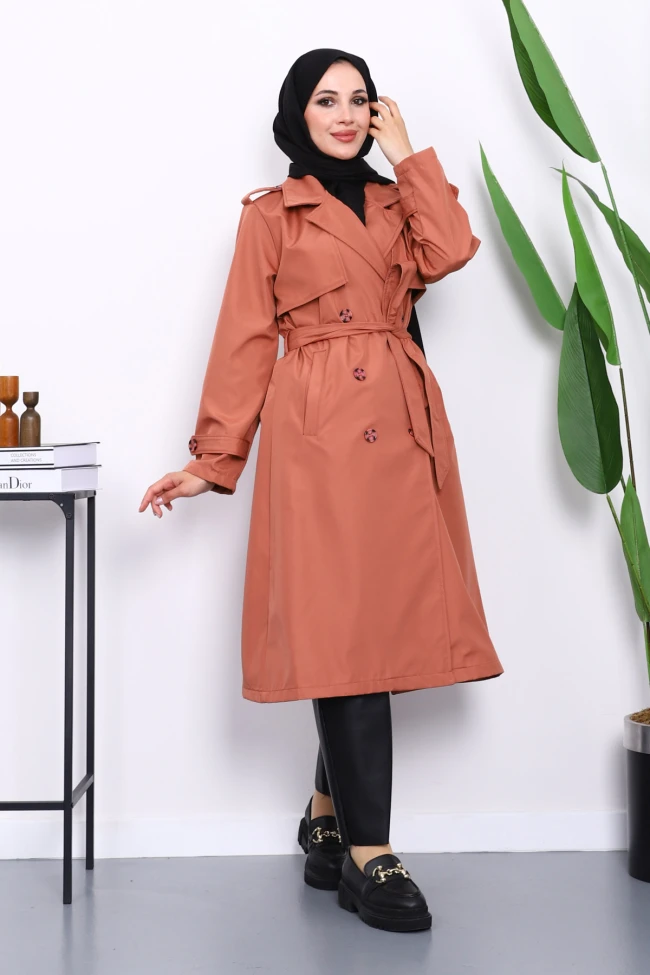 Pudra Kravuze Yaka Bel Kemerli Düğmeli Trençkot