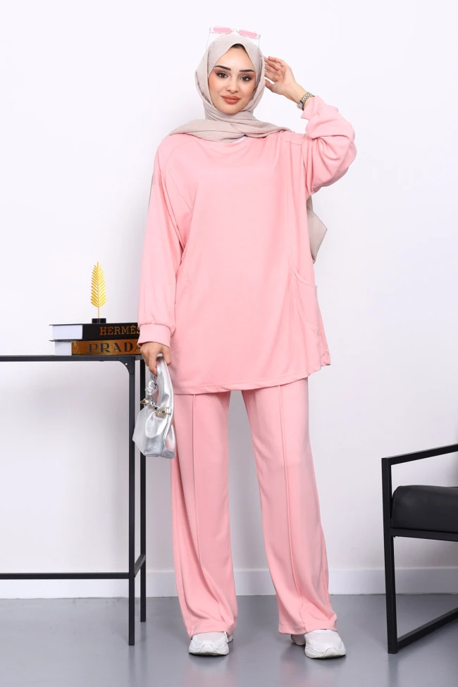 Pudra Yan Cepli Omuz Parçalı Alt Çımalı Modal Takım