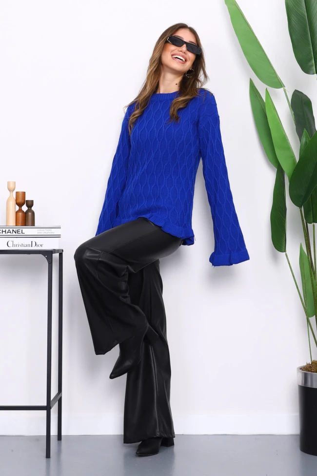 Saks Mavi Bel Ve Kol Ucu Fırfırlı Triko Kazak