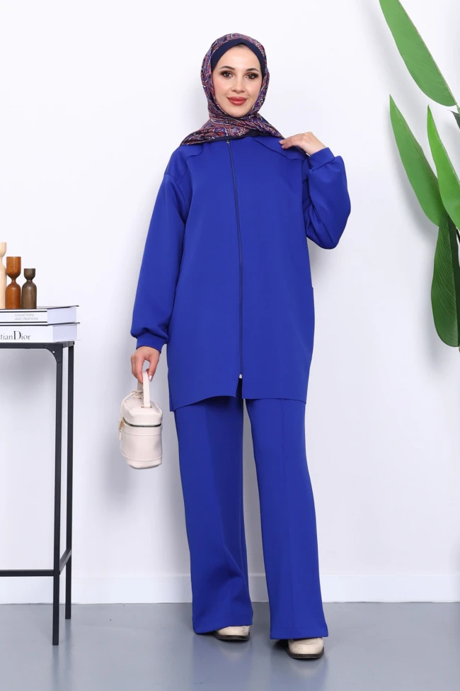 Saks Mavi Fermuarlı Tunik Pantolonlu Takım