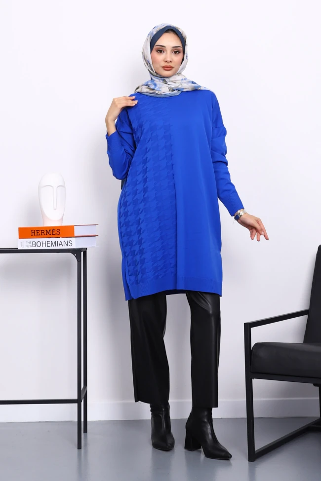 Saks Mavi Soğuk İplik Merserize Triko Tunik