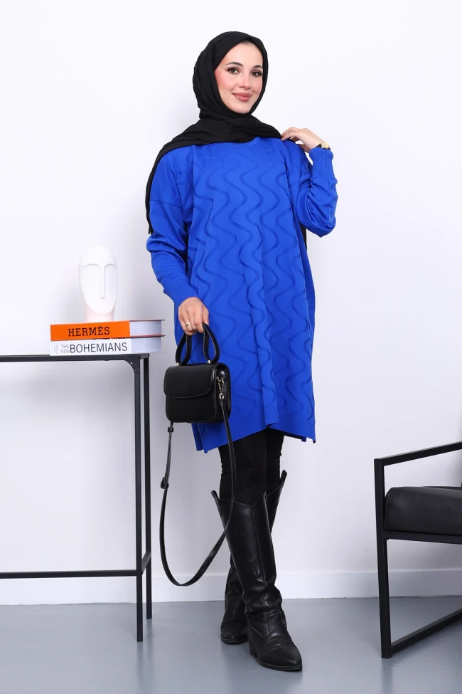 Saks Mavi Soğuk İplik Merserize Triko Tunik