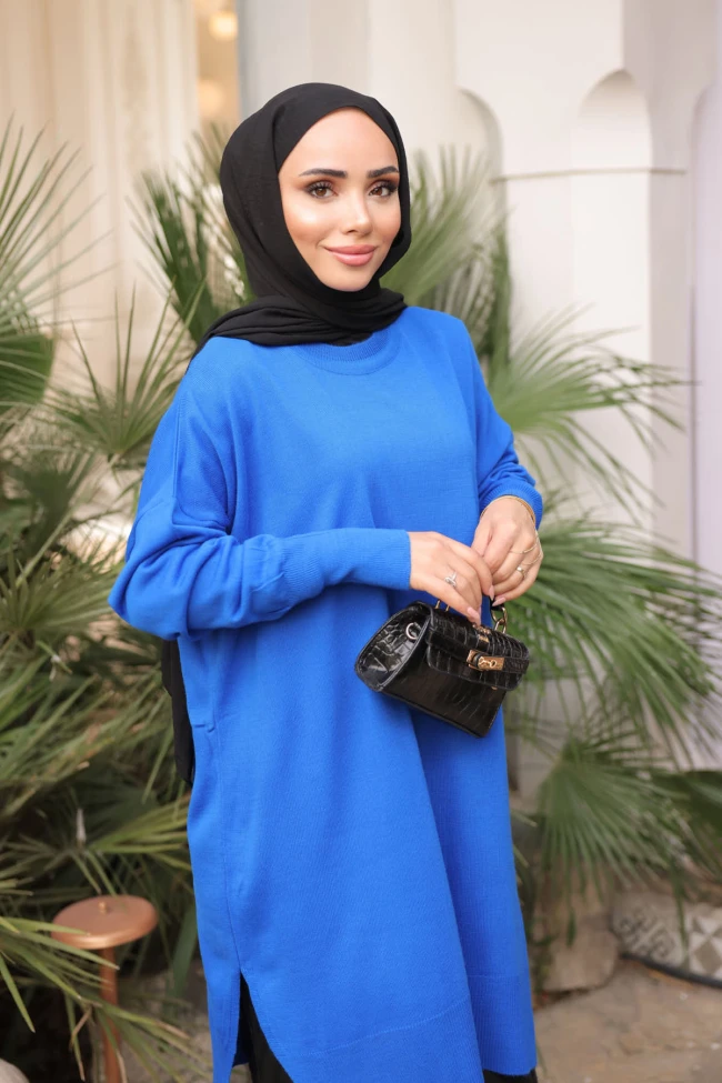 Saks Mavi Soğuk İplik Merserize Triko Kazak