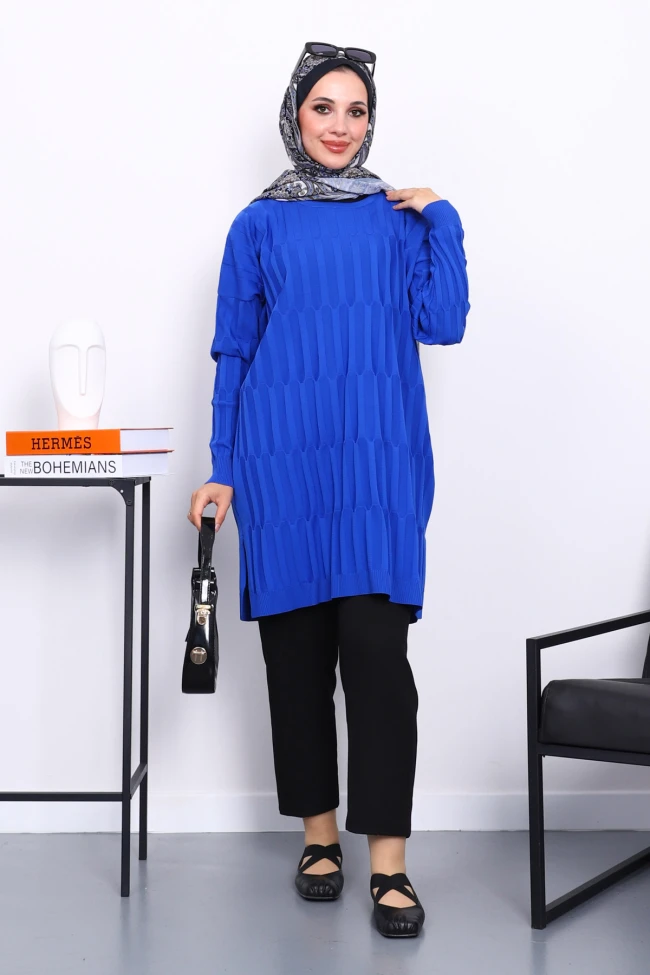 Saks Mavi Soğuk İplik Merserize Triko Tunik