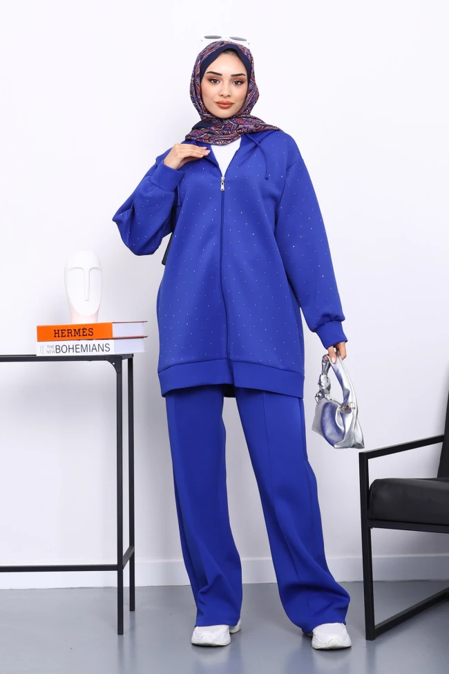 Saks Mavi Taşlı Scuba Tunik Pantolonlu Takım