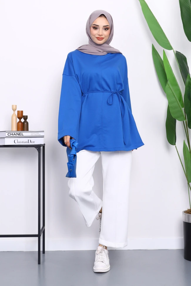 Saks Mavi Yanları Yırtmaçlı Bel İpli Tunik