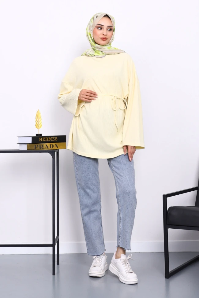 Sarı Bisiklet Yaka Bel Kuşaklı Tunik