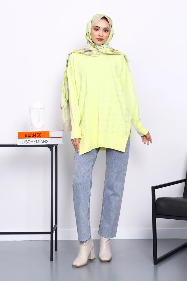 Sarı Kazayağı Desenli Soğuk İplik Triko Tunik