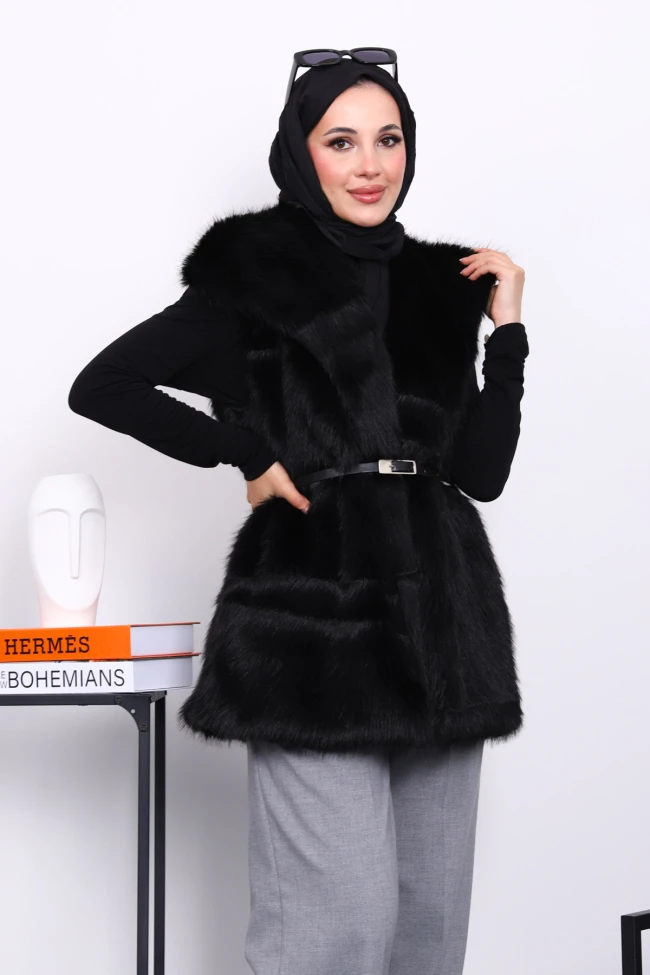 Siyah Astarlı Kemerli Kürk Yelek