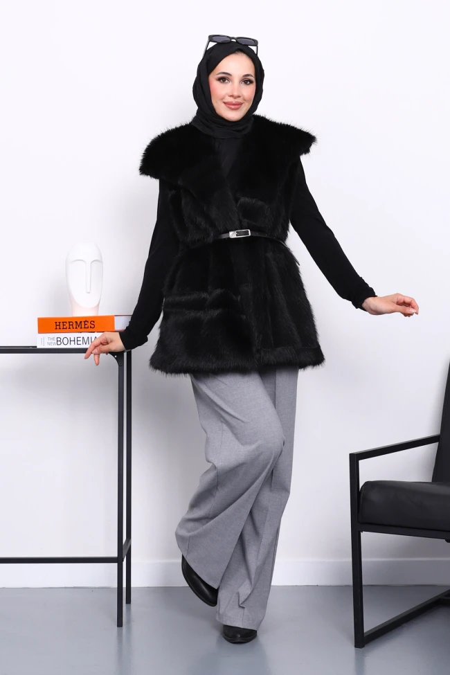 Siyah Astarlı Kemerli Kürk Yelek