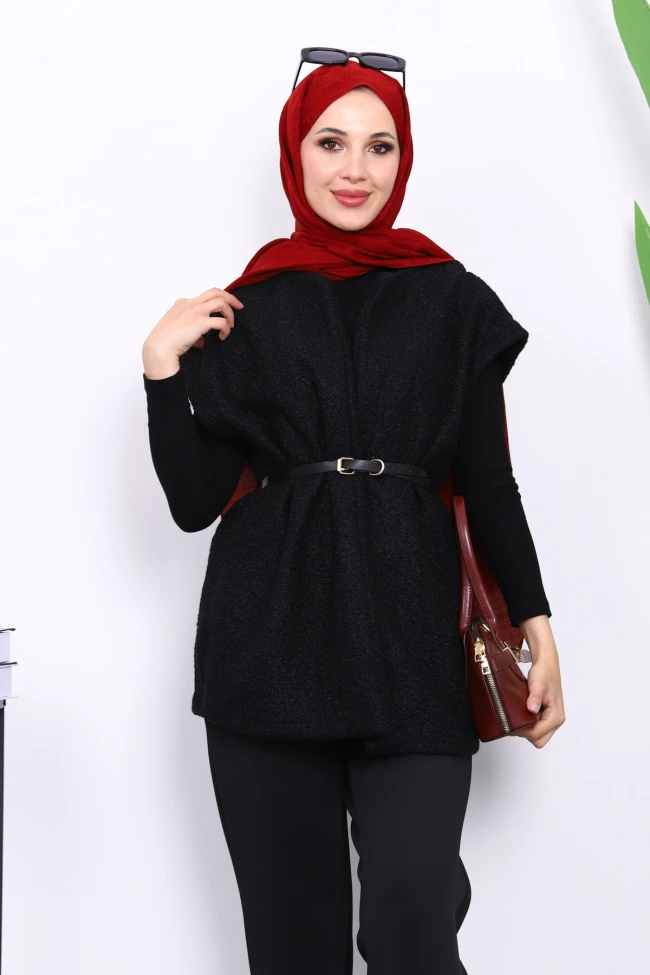 Siyah Bel Kemerli Orkide Yelek