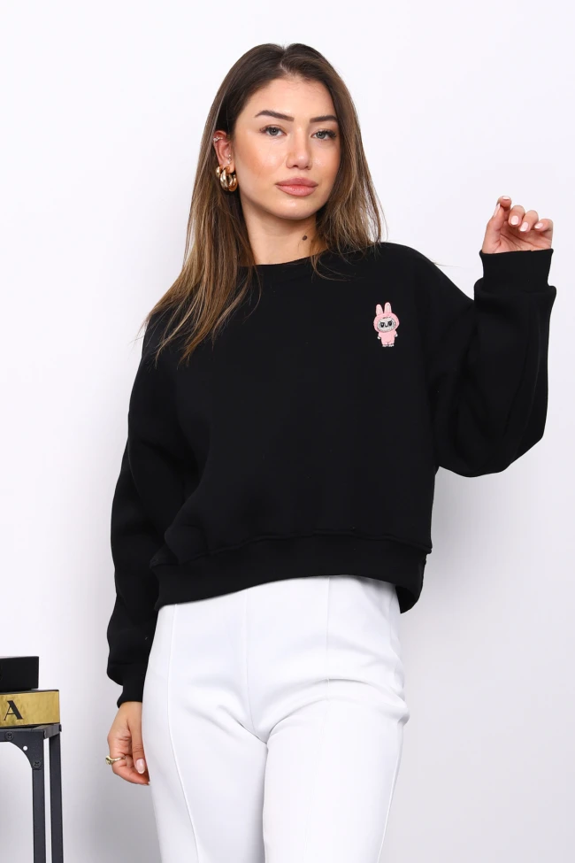 Siyah Bisiklet Yaka Nakışlı Üç İplik Kısa Oversize Sweat