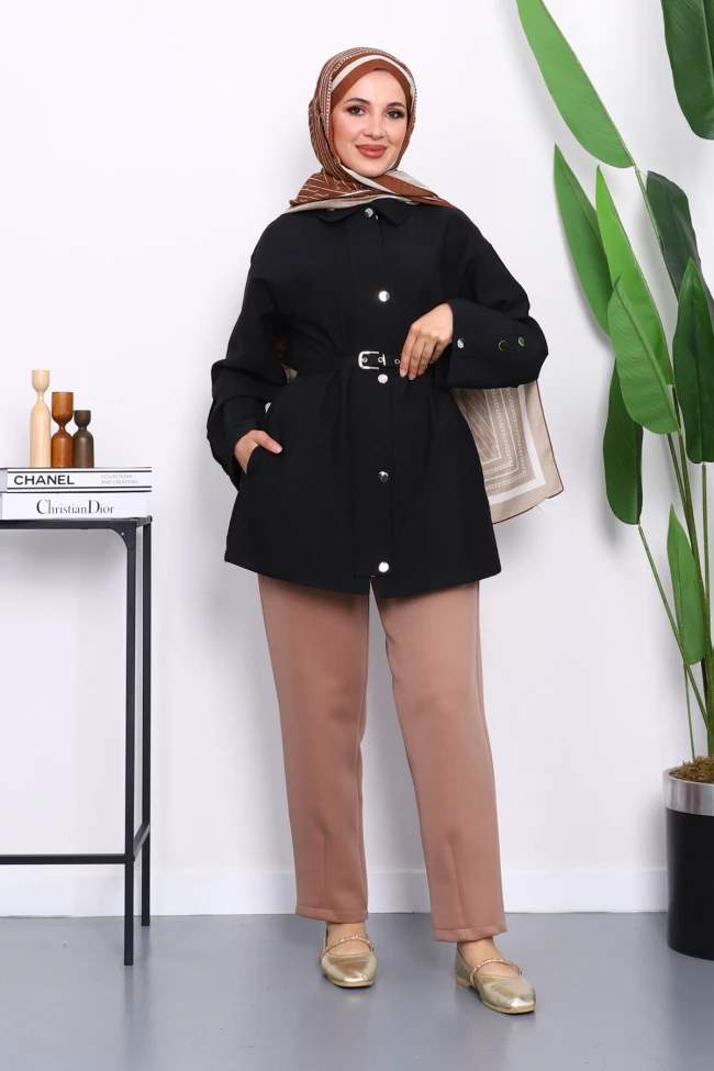 Siyah Çıtçıt Düğmeli Fermuarlu Tunik Gömlek