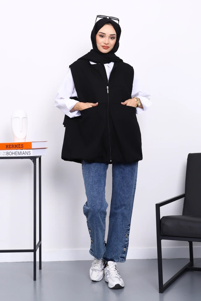 Siyah Fermuarlı Oversize Astarlı Yelek