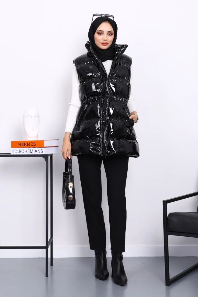 Siyah Fermuarlı  Şişme Rugan Yelek