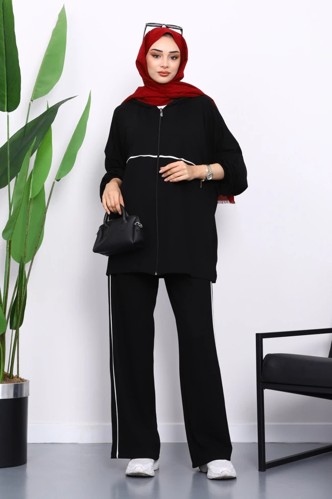 Siyah Fermuarlı Sweat Pantolonlu Modal Takım