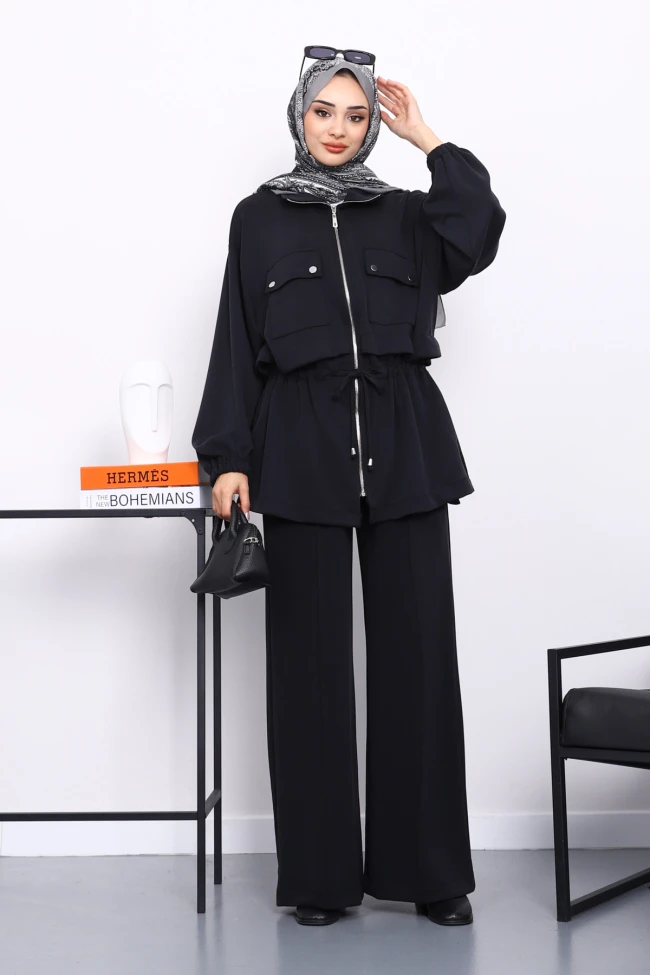 Siyah Fermuarlı Tunik Pantolonlu Modal Takım