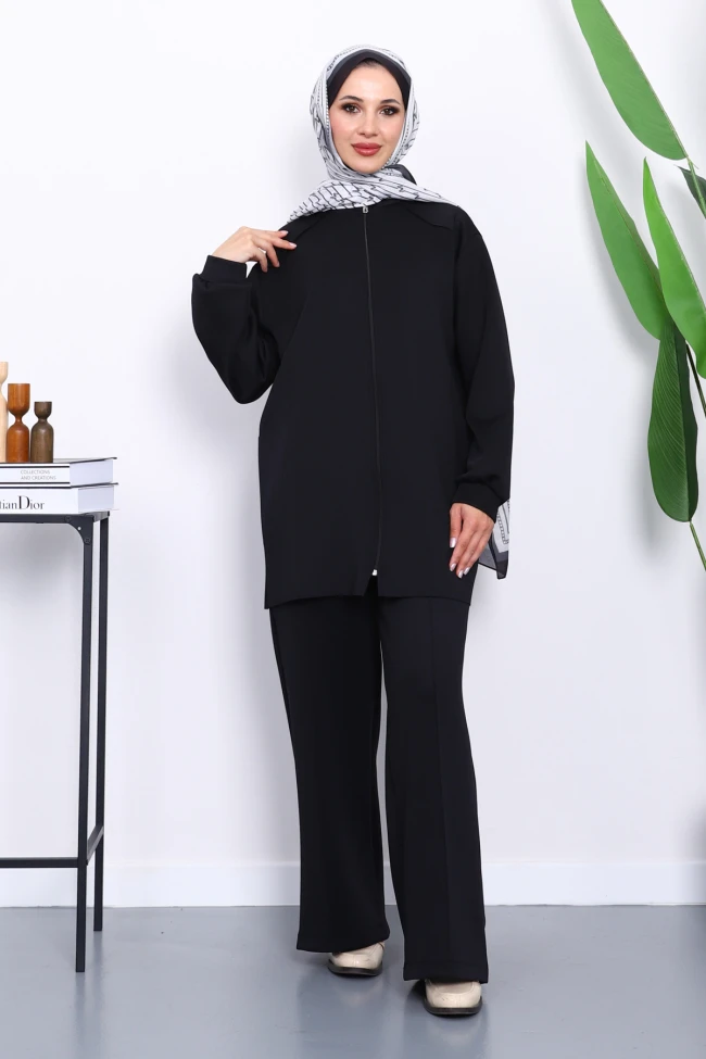Siyah Fermuarlı Tunik Pantolonlu Takım