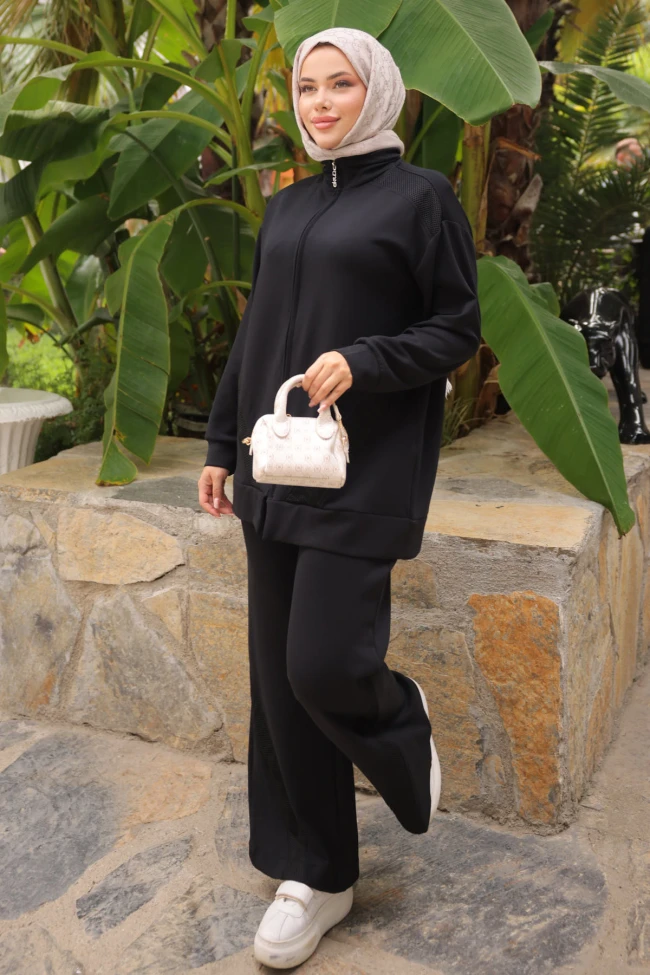 Siyah File Detaylı Fermuarlı Tunik Pantolonlu Takım