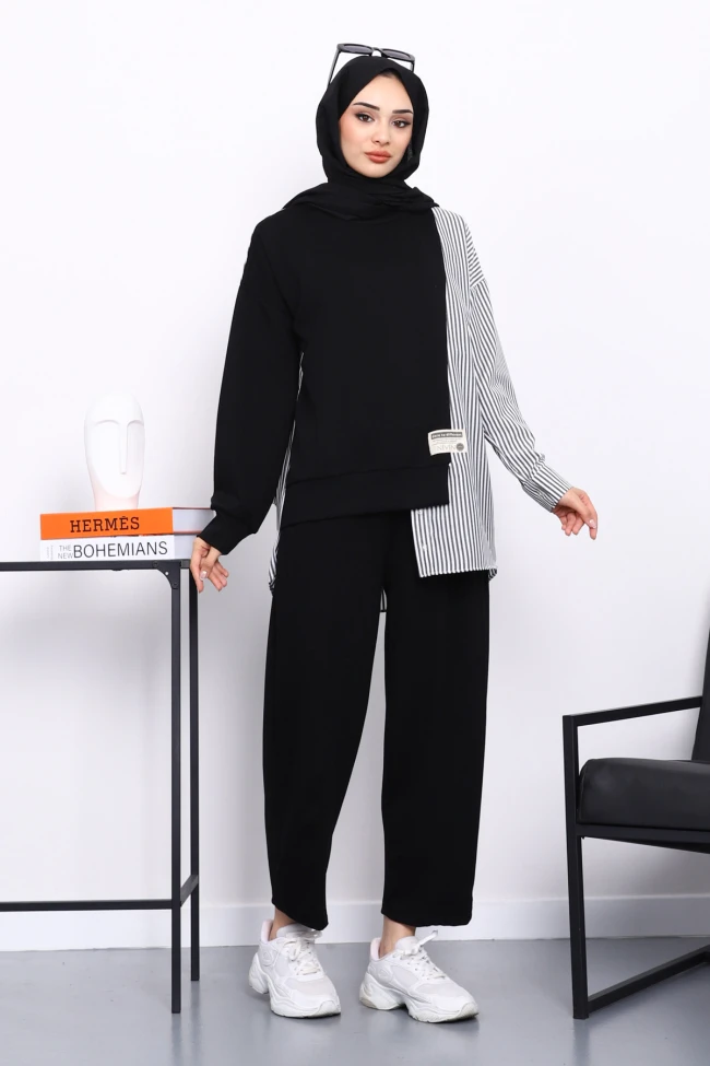 Siyah Garnili Tunik Pantolonlu Çizgili Takım