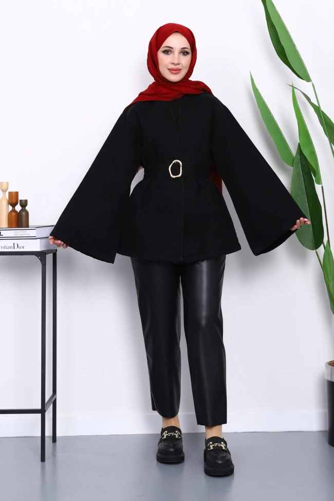 Siyah Geniş Kol Kemerli Kot Ceket