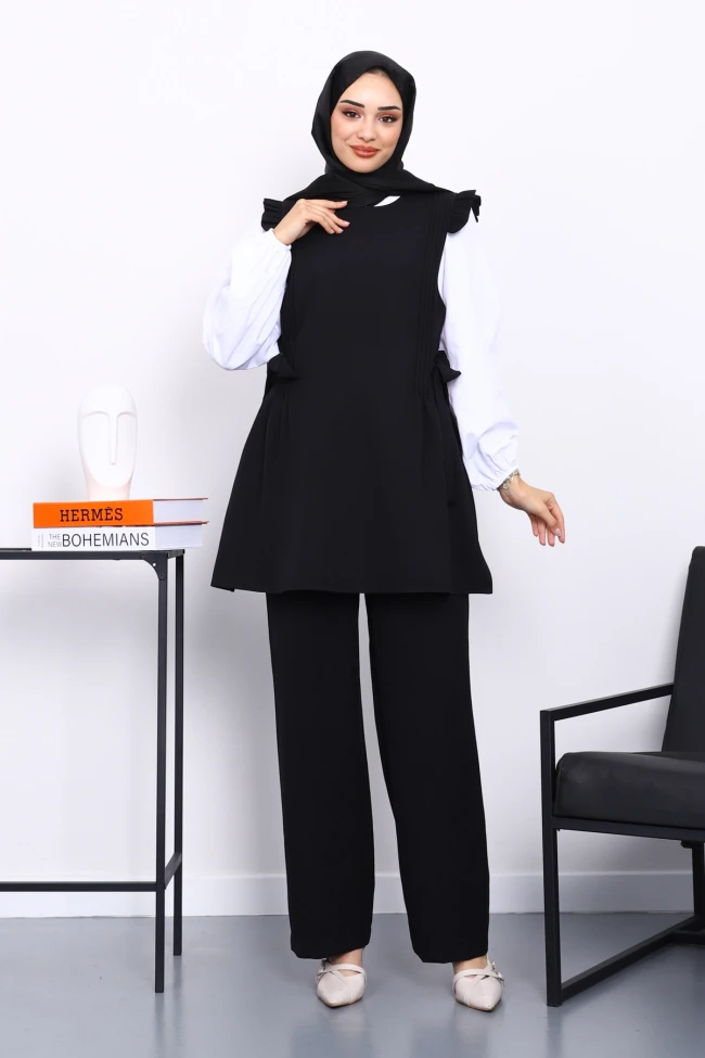 Siyah Gömlek Yelek Pantolonlu Üçlü Takım