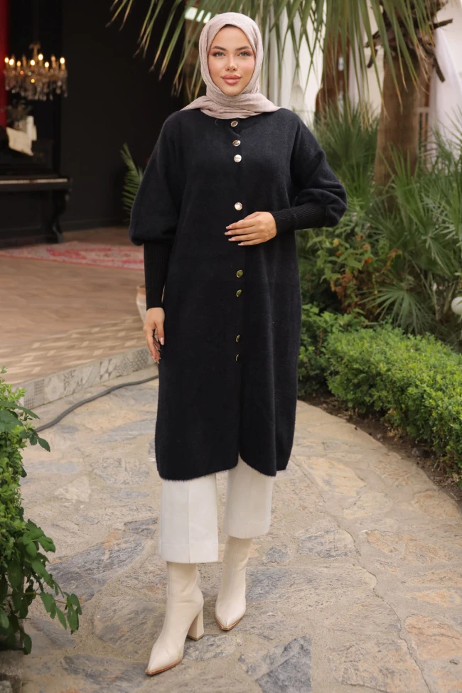 Siyah Hakim Yaka Angora Yumoş Hırka