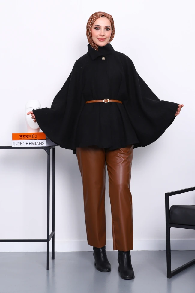 Siyah Hakim Yaka Bel Kemerli Panço