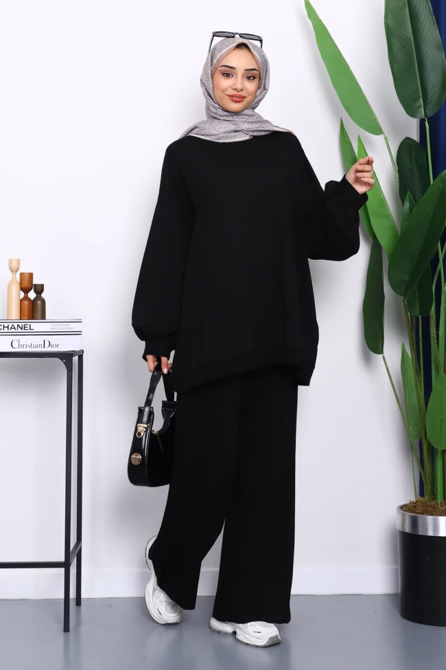 Siyah İki İplik Oversize Pantolonlu Takım