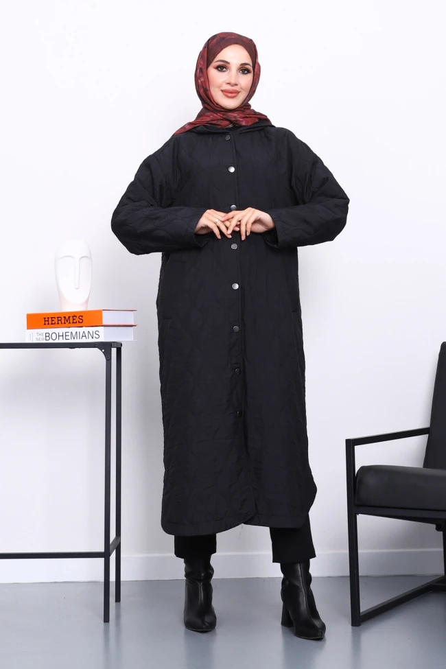 Siyah Kapitone Kapşonlu Trençkot