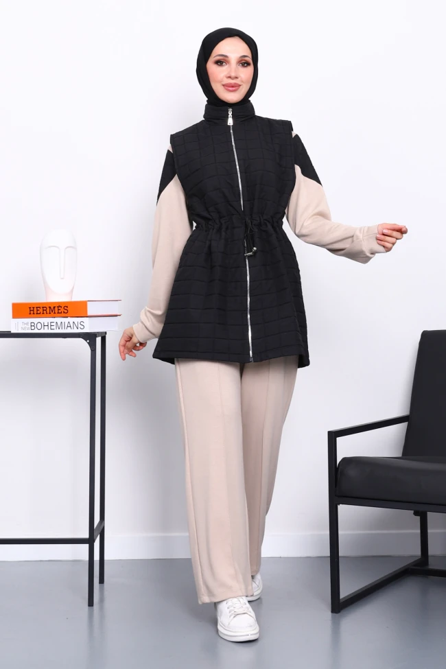 Siyah Kapitone Yelek Tunik Pantolonlu Üçlü Takım