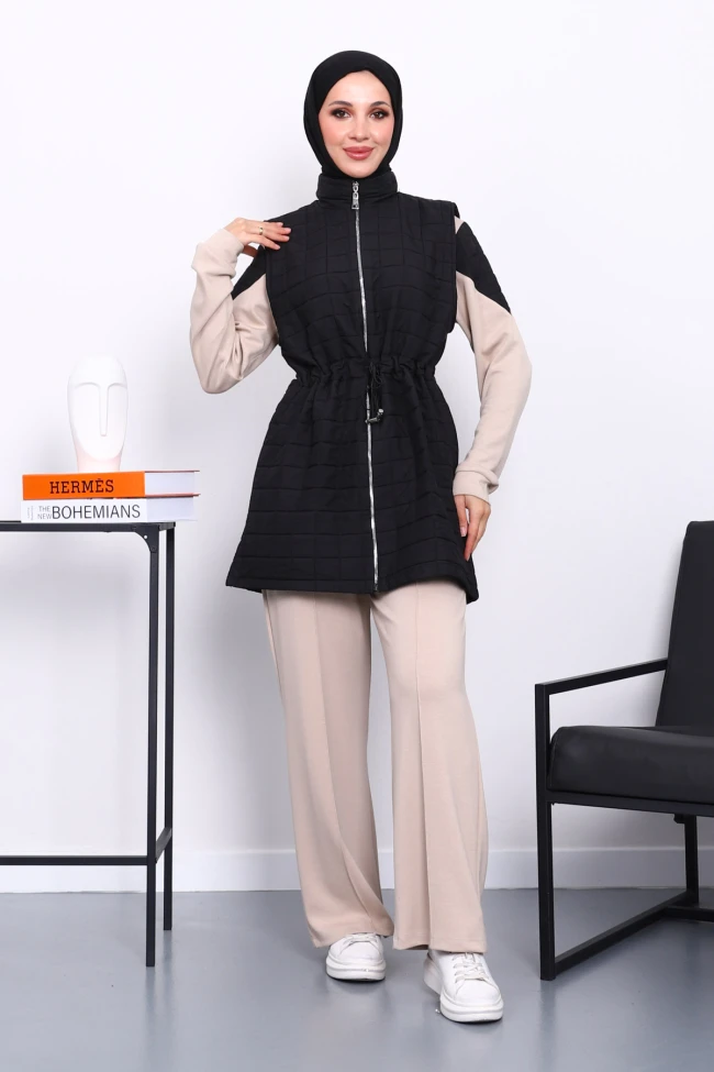 Siyah Kapitone Yelek Tunik Pantolonlu Üçlü Takım