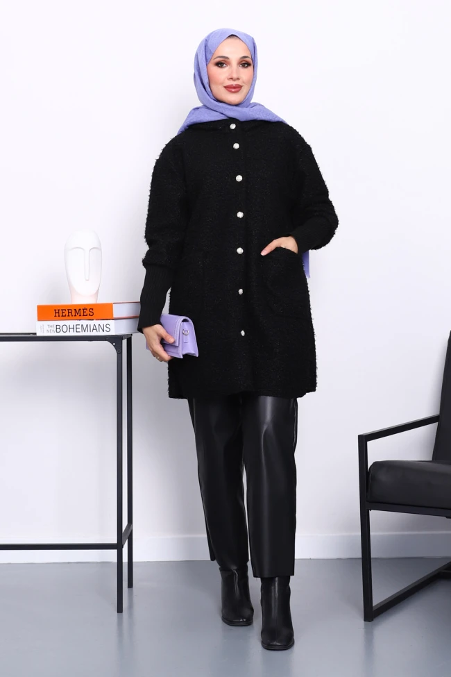 Siyah Kapşonlu Buklet Kaban