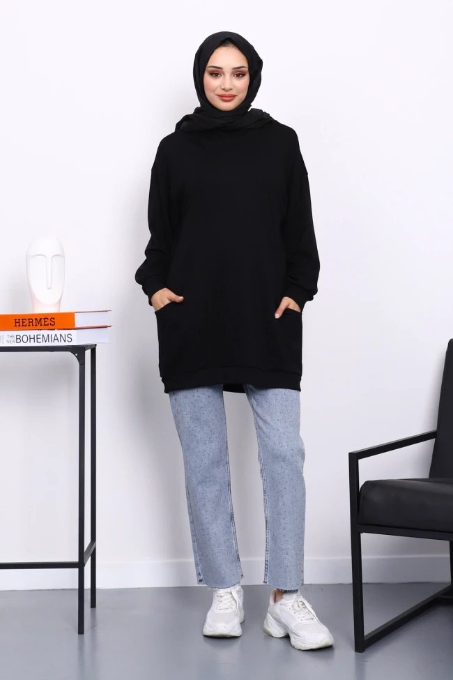 Siyah Kapşonlu Çift Cepli Tunik