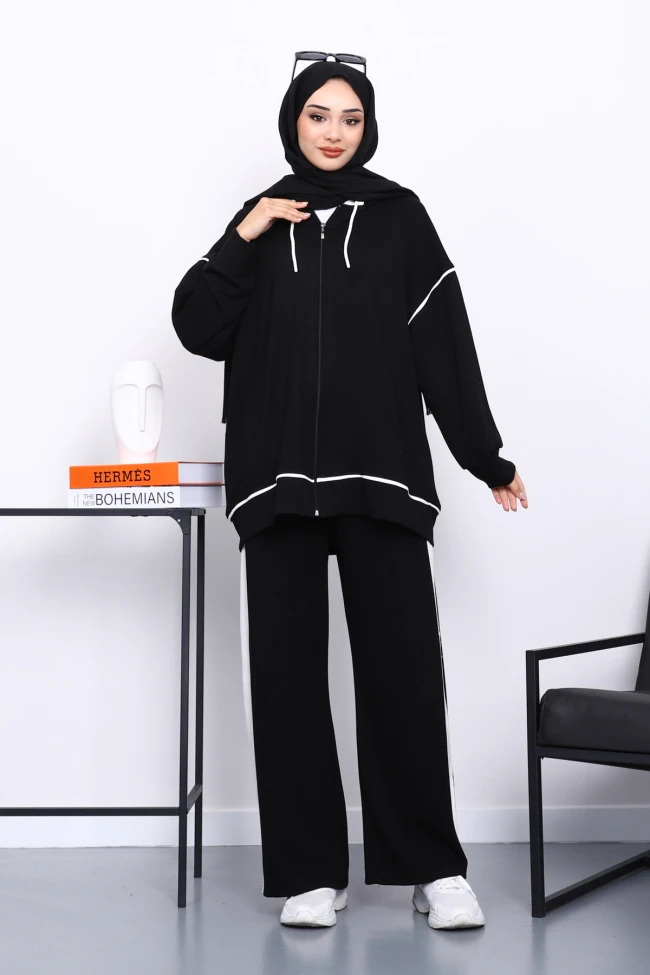 Siyah Kapşonlu Garnili Modal Takım