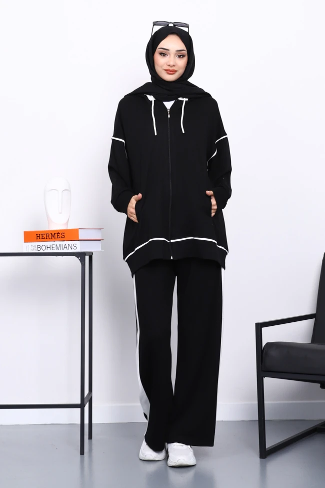 Siyah Kapşonlu Garnili Modal Takım