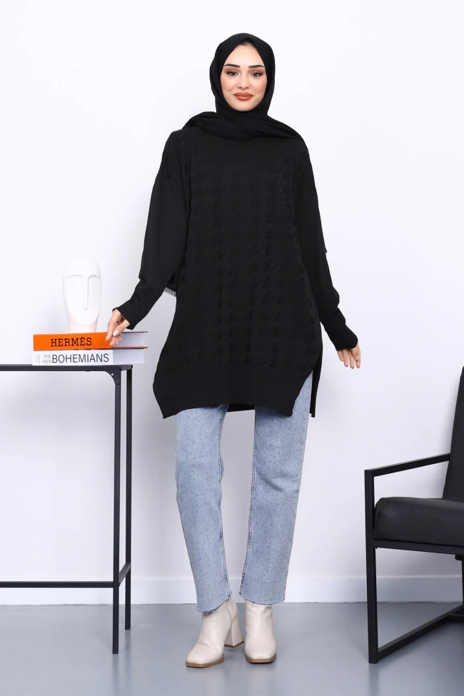 Siyah Kazayağı Desenli Soğuk İplik Triko Tunik