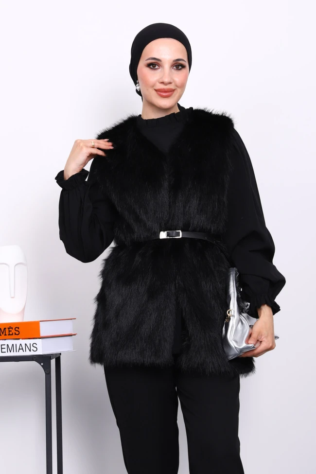 Siyah Kemerli Astarlı Kürk Yelek