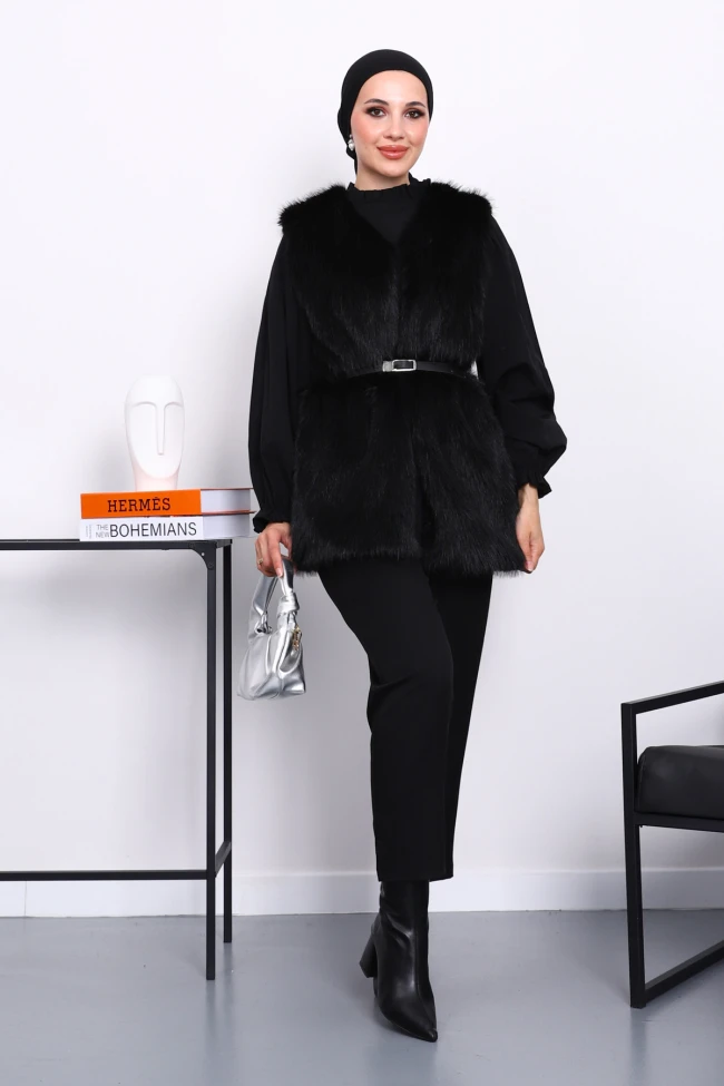 Siyah Kemerli Astarlı Kürk Yelek