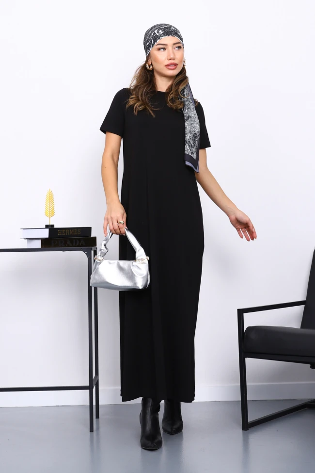 Siyah Kısa Kol Tesettür İçlik Elbise