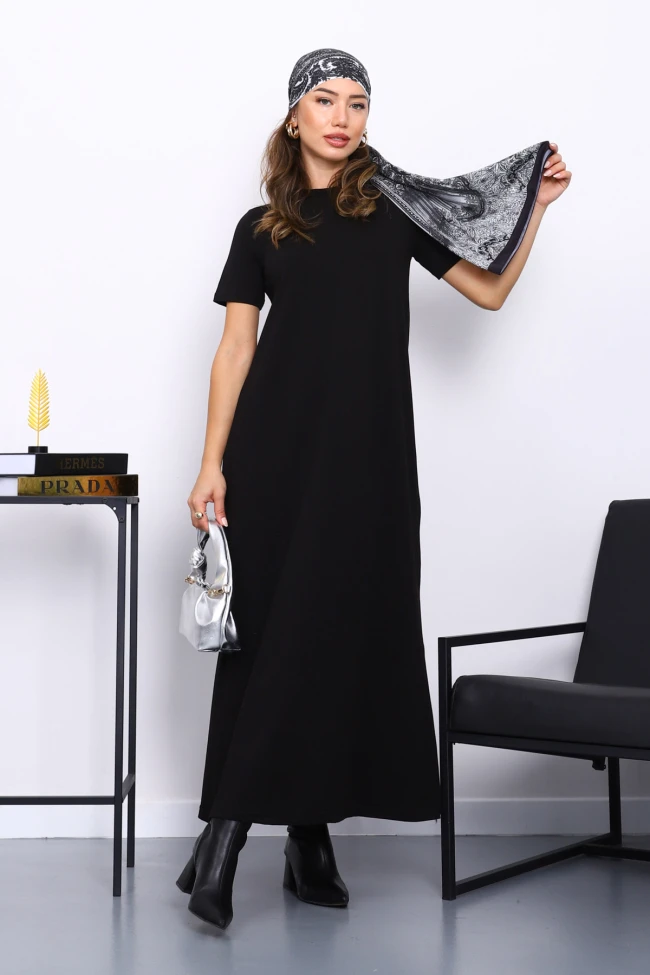Siyah Kısa Kol Tesettür İçlik Elbise