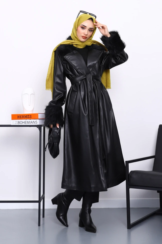 Siyah Kol Yaka Kürklü Deri Trençkot