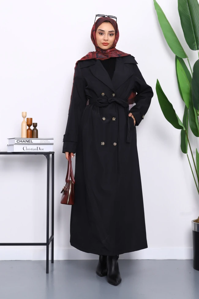 Siyah Kruvaze Yaka Apoletli Uzun Trençkot