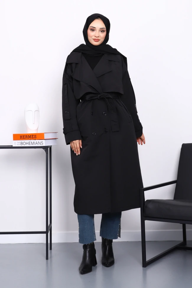 Siyah Kruvaze Yaka Astarlı Trençkot