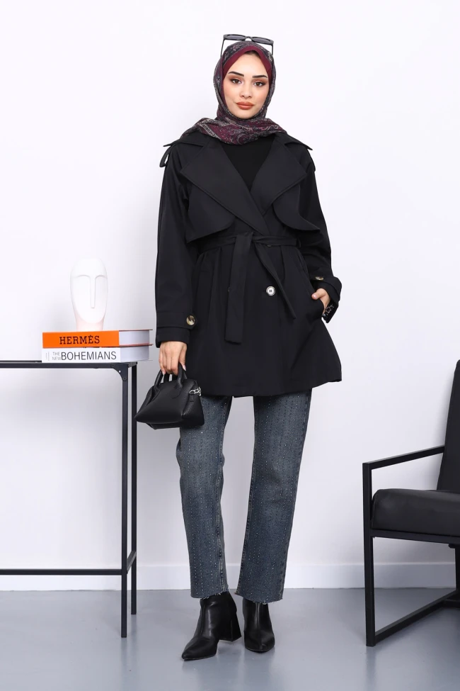 Siyah Kruvaze Yaka Astarlı Trençkot