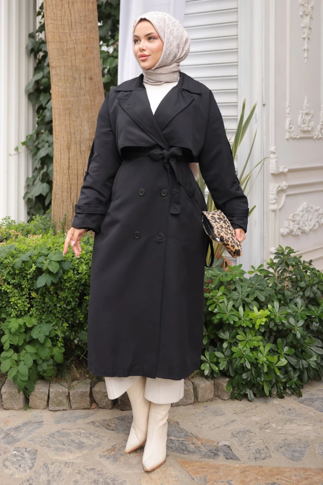 Siyah Kruvaze Yaka Bel Kuşaklı Trençkot