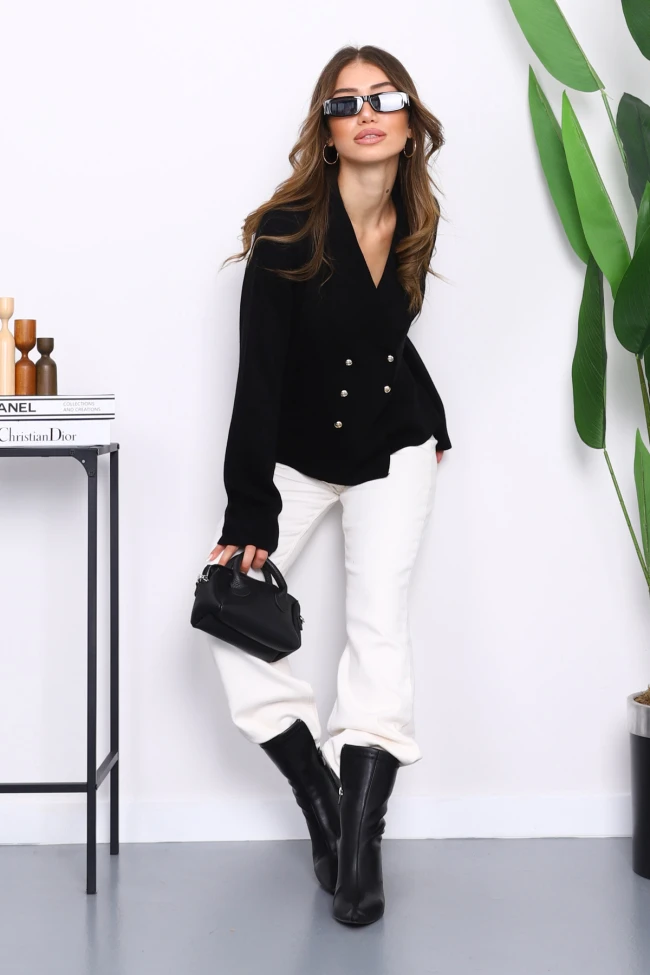 Siyah Kruvaze Yaka Düğmeli Triko Hırka