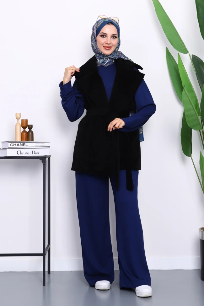 Siyah Kruvaze Yaka Kuşaklı Kaşe Yelek